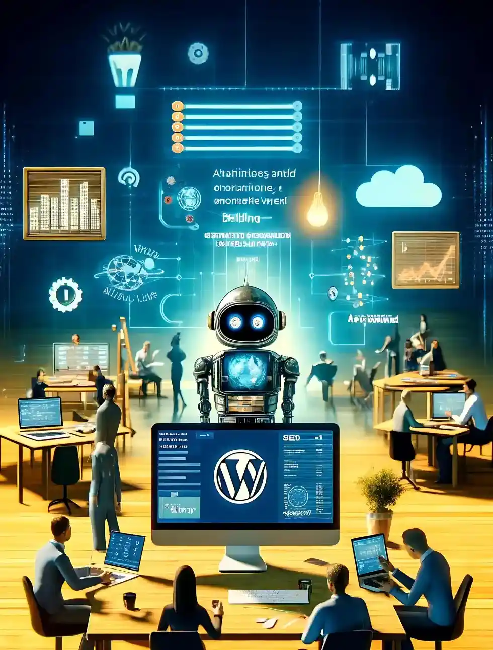 InkBot orchestrating AI-led automated blogging on a WordPress dashboard, in a modern collaborative office setting.