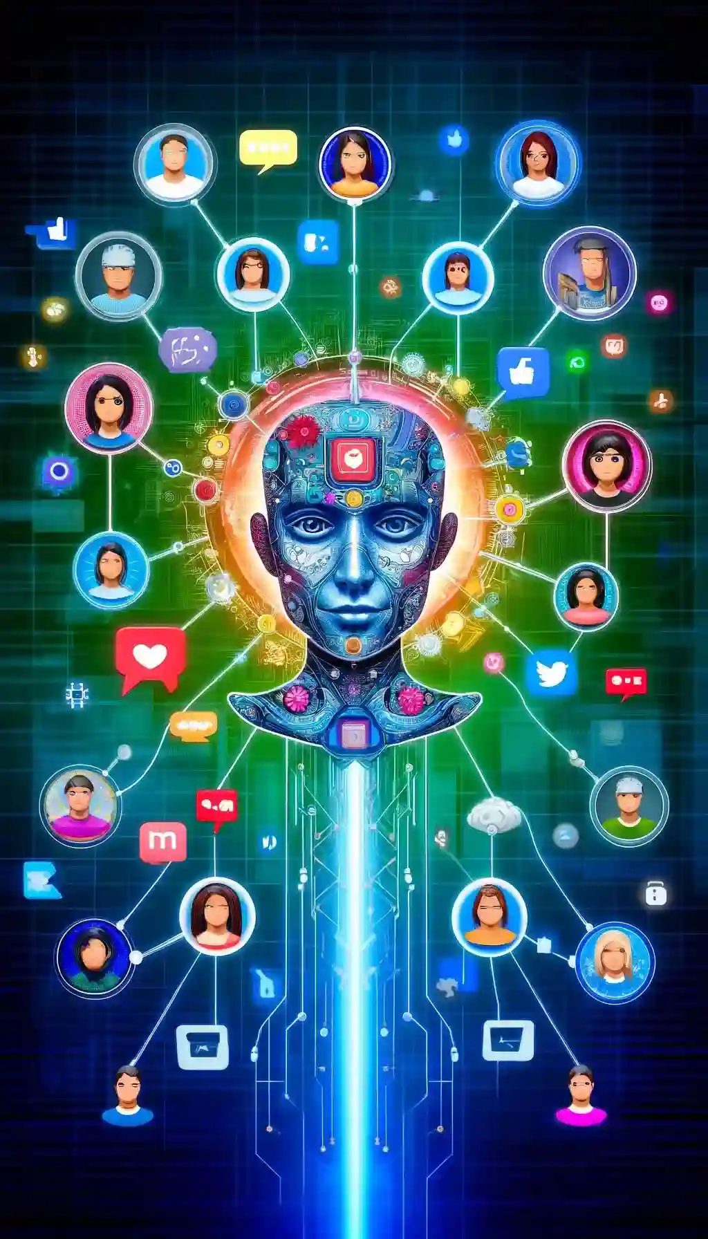 AI interface with diverse avatars representing social media engagement and digital connectivity.
