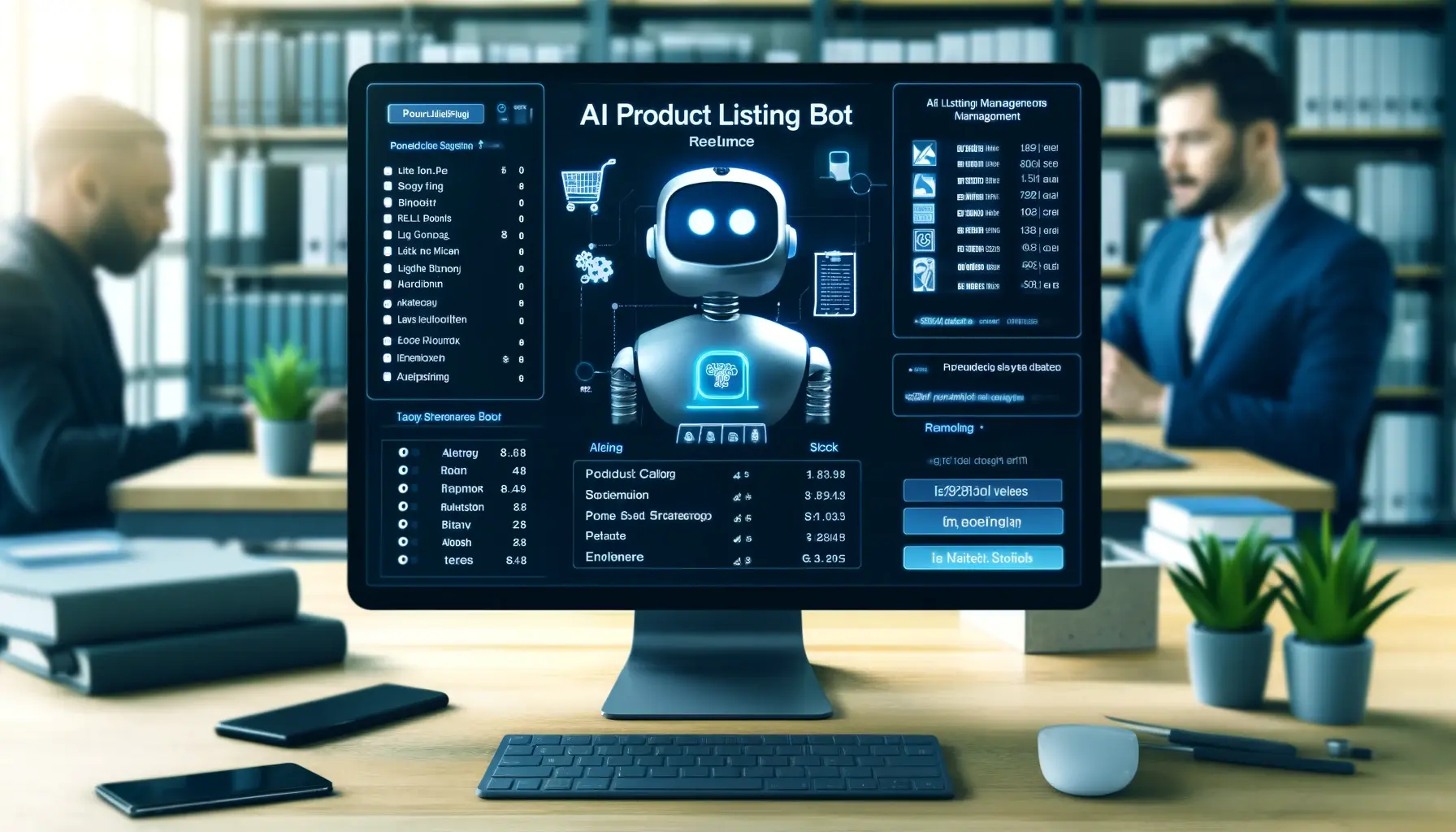 AI Product Listing Bot interface on a monitor in a business office.