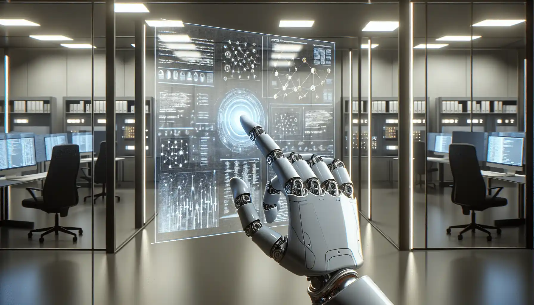 Futuristic depiction of AI and automation in a high-tech control room.