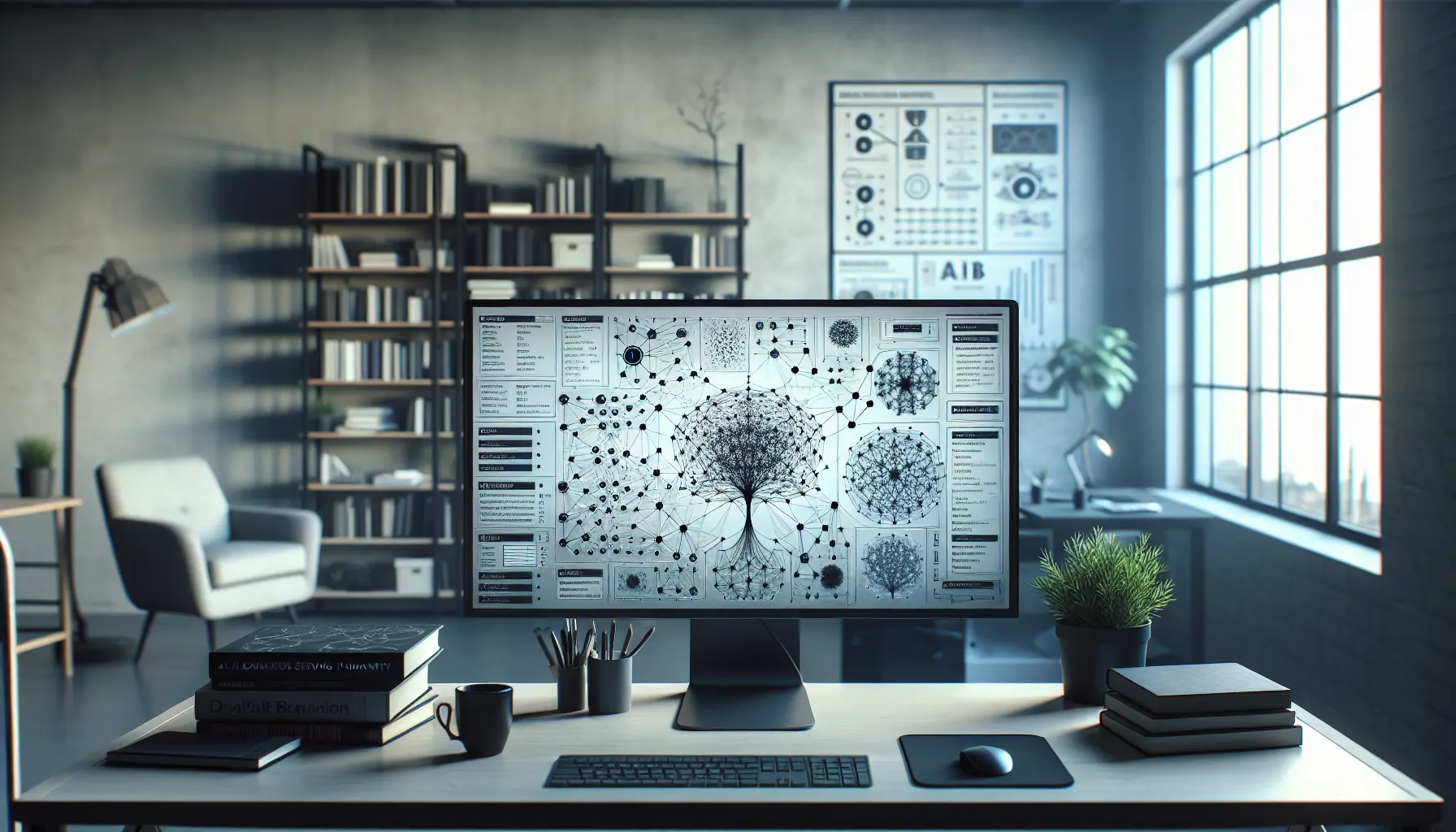 A modern workspace with a computer displaying an intricate AI neural network analysis.