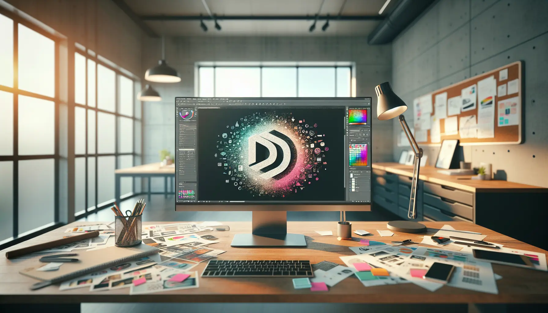 A creative workspace with AI image generation software on a desktop screen.