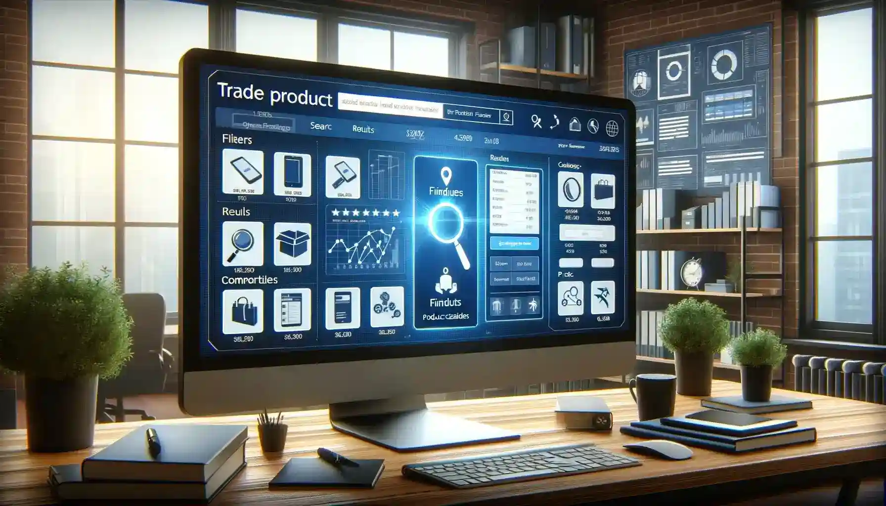 Trade Product Finder interface on a computer screen in a well-lit office.