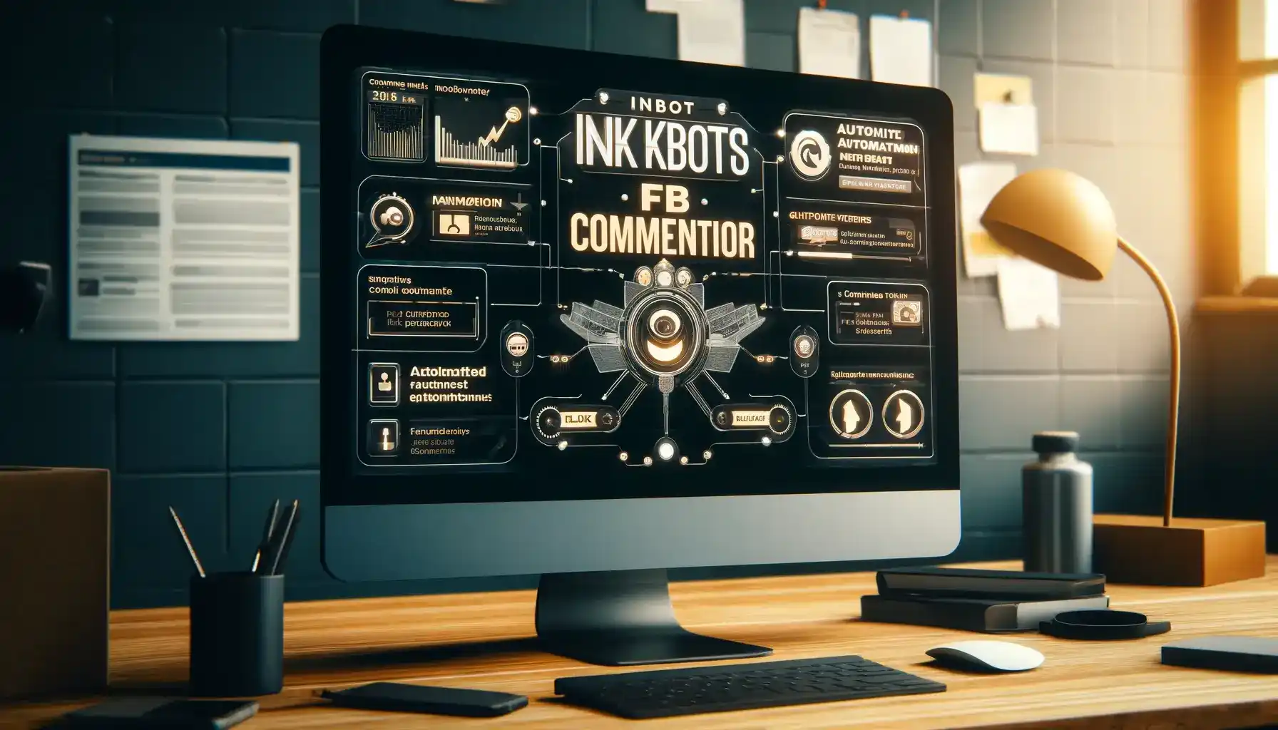 InkBot's FB Commentor interface on a monitor with automation features.