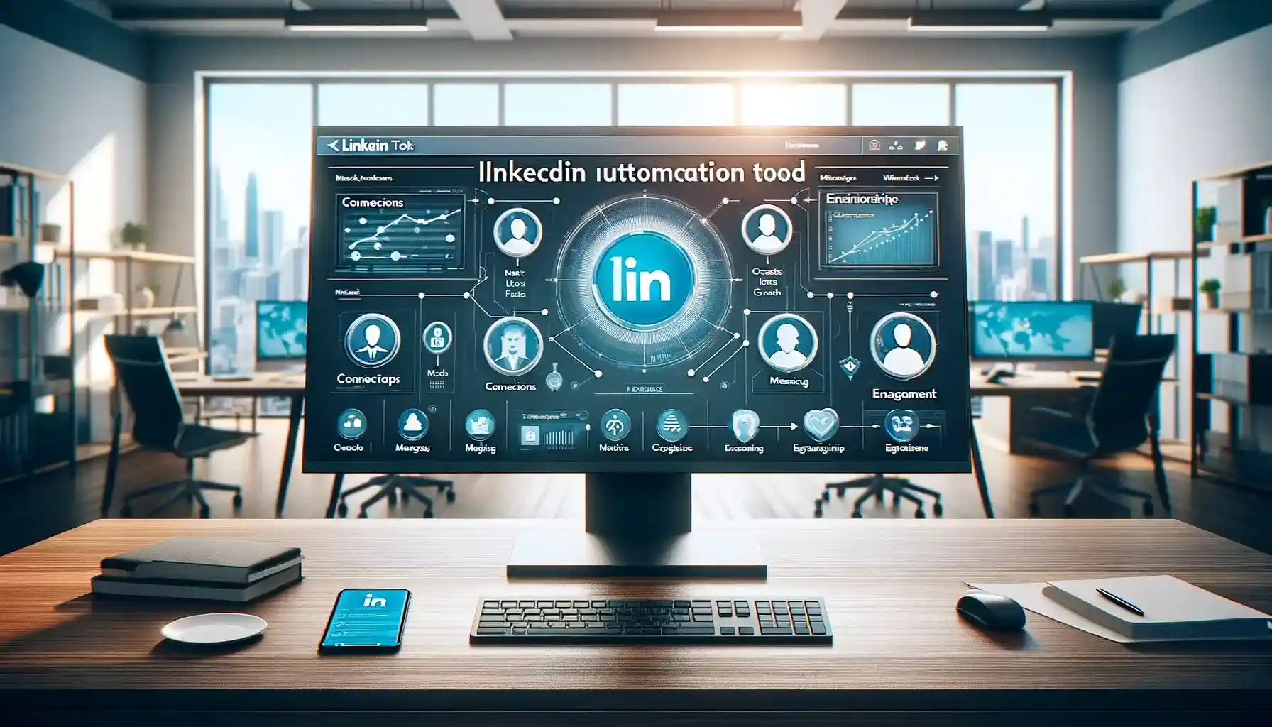 LinkedIn automation interface on a widescreen display in a professional workspace.