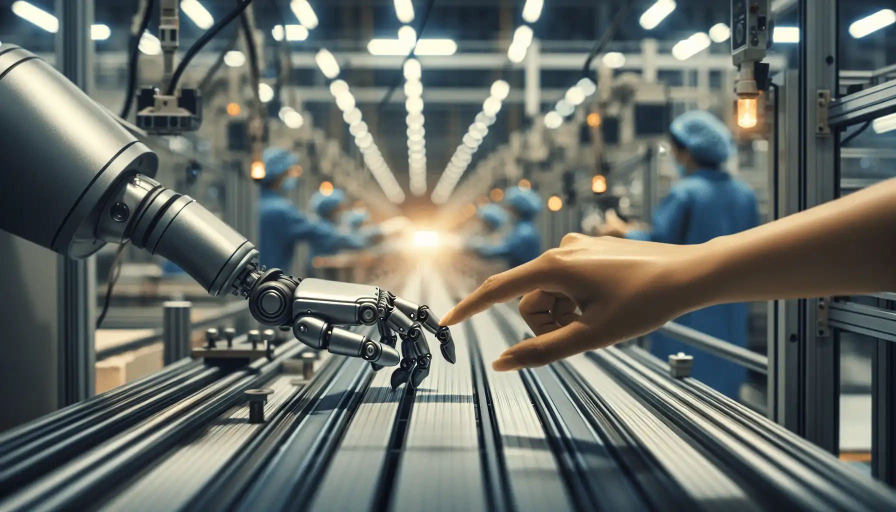 Human and robotic hands together on an assembly line, embodying AI's integration into industry.