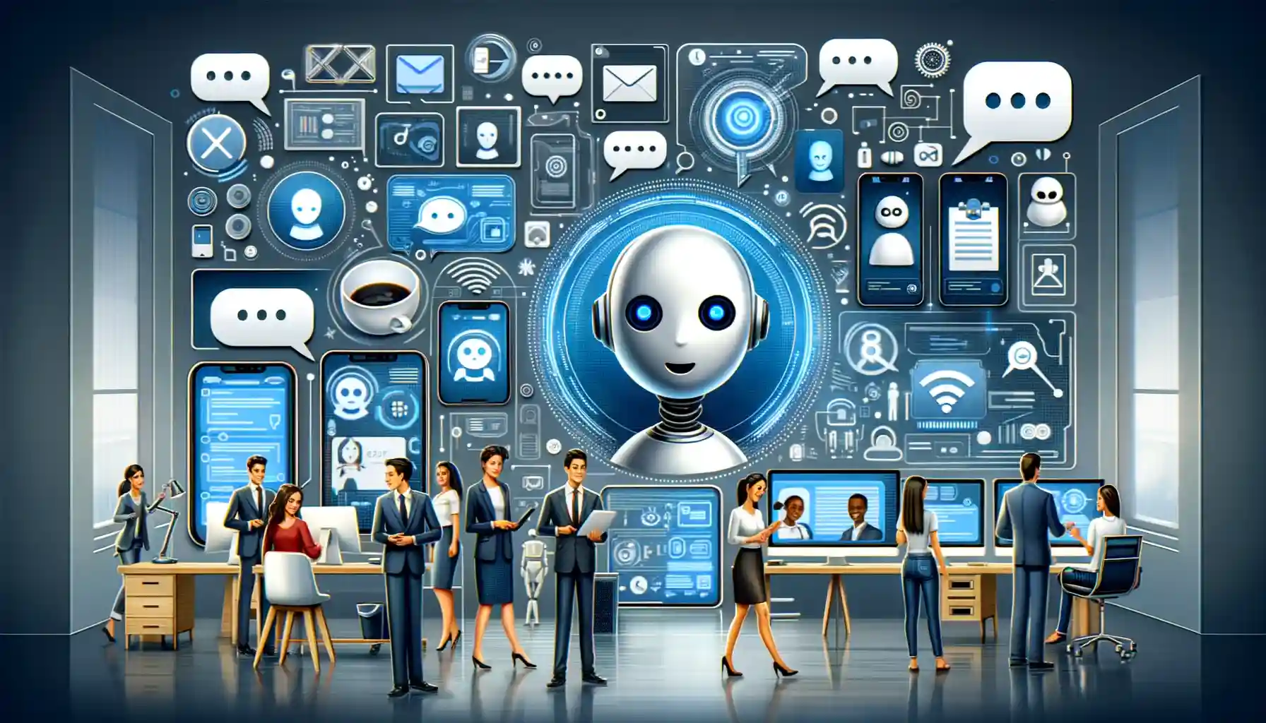 Illustration of AI-powered virtual assistants and chatbots transforming customer interaction with various smart devices and interfaces in a modern office setting.