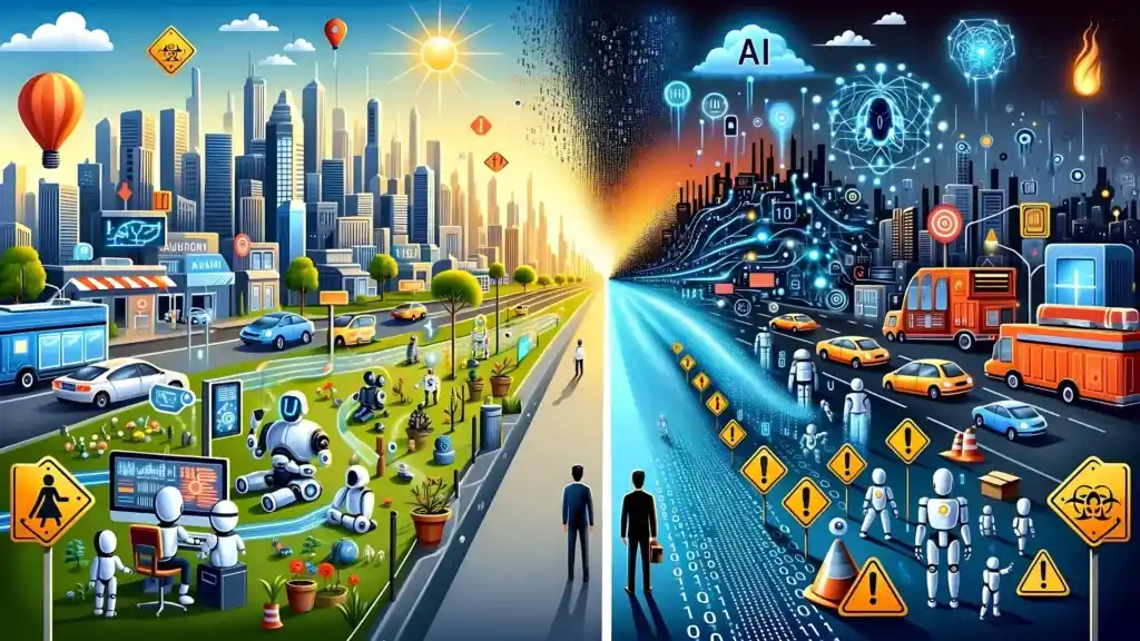 Futuristic AI and human harmony with potential risks