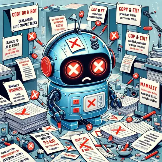 Frustrated AI robot surrounded by editing tasks and error notifications.