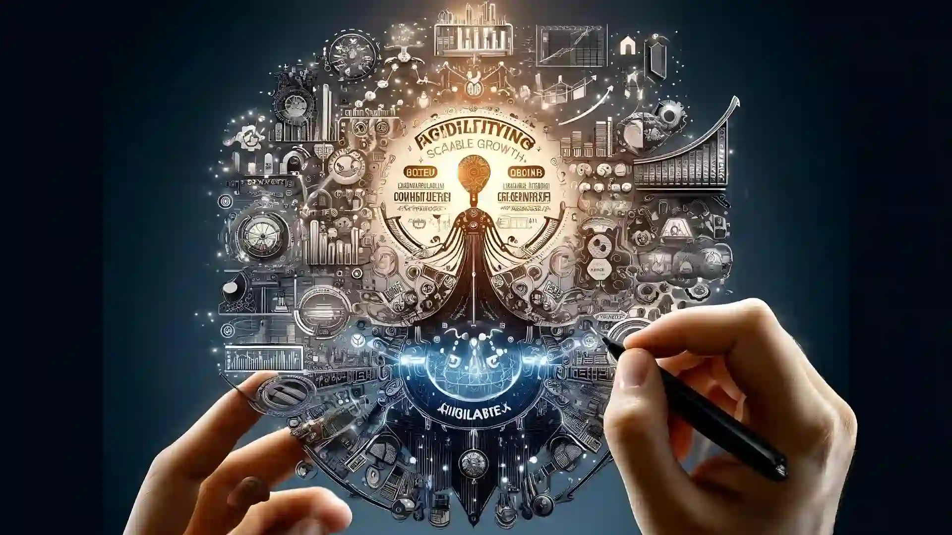 Complex illustration of hands sketching an intricate blueprint with futuristic elements and keywords about scalability and growth in a business context with InkBot.