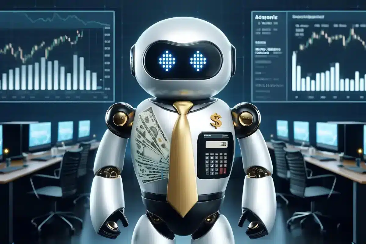 A robot with a calculator on its chest and dollar bills in its side stands in front of multiple computer monitors displaying financial charts and graphs. The robot is wearing a tie, and its head is designed with digital display eyes. The background depicts a modern financial office setup.