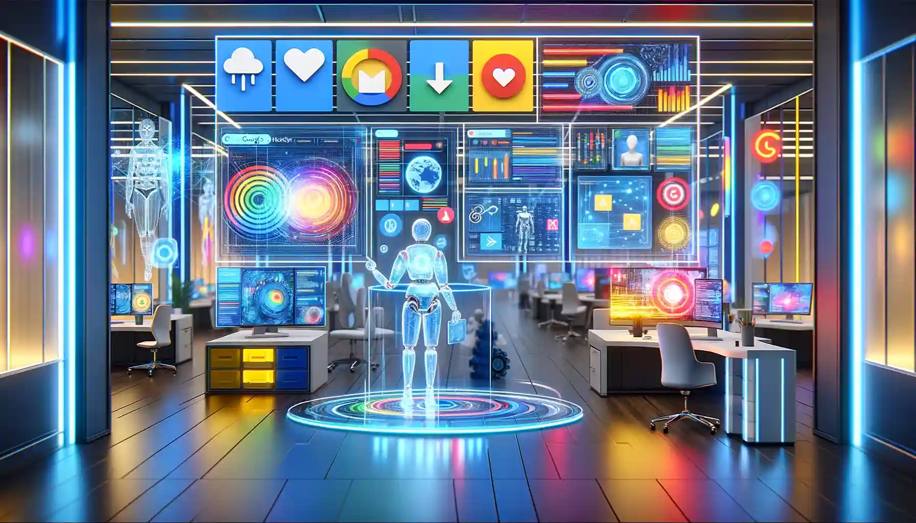 Futuristic scene in Google brand colors showcasing AI technology integration with a high-tech office, holographic interface, smart devices, and robots symbolizing Gemini AI's capabilities.