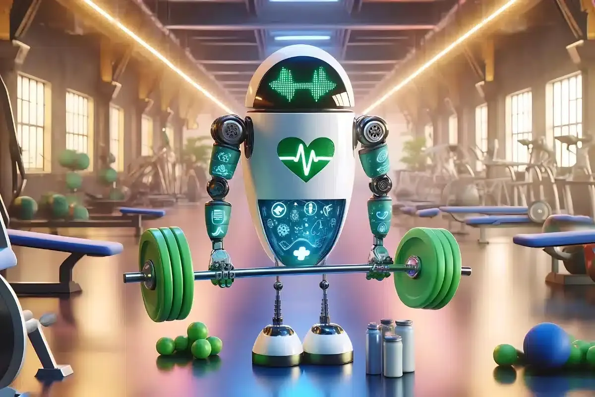 Health and wellness coach bot with holistic symbols and a barbell.