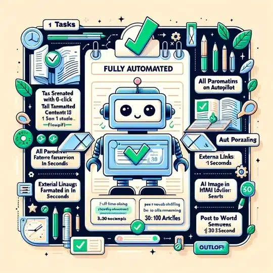 InkBot AI seamlessly automates content creation tasks, symbolized by a robot surrounded by checkmarks and digital tasks,