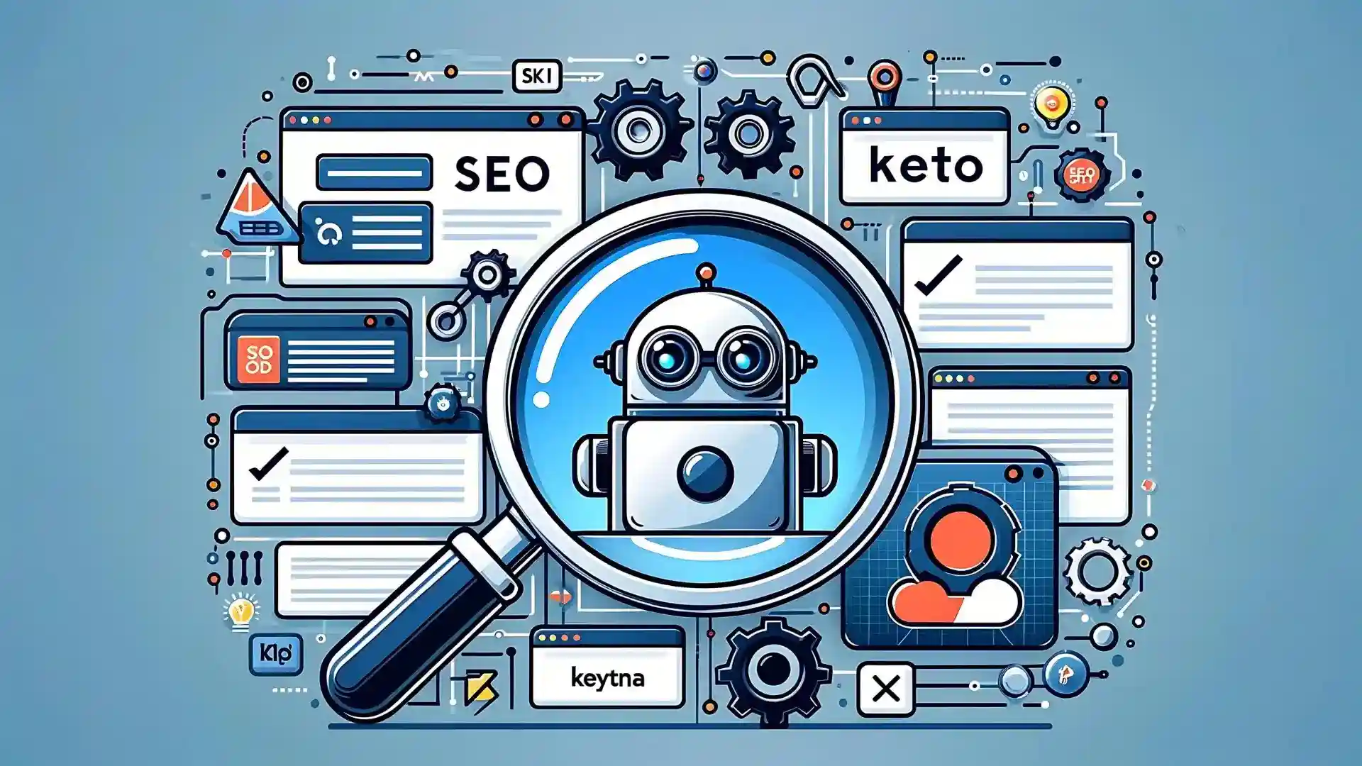 Colorful illustration of InkBot performing SEO analysis with various SEO tools and elements like keywords, search bars, and gears surrounding it on a blue background.