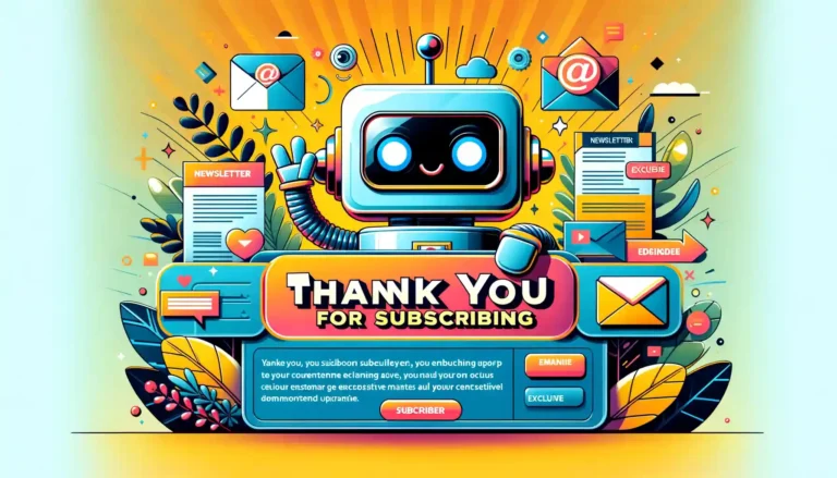 Cheerful robot waving on a vibrant 'Thank You For Subscribing' page with colorful digital elements symbolizing newsletter subscription.