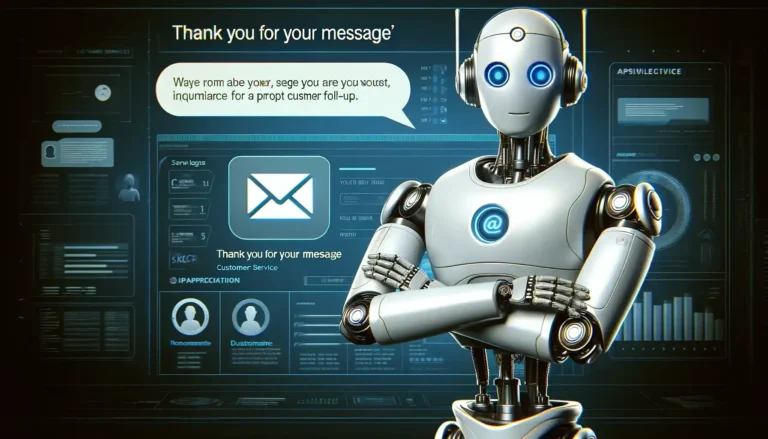 Sophisticated robot holding a digital message icon, standing in a customer service center on a 'Thank You for Your Message' page.