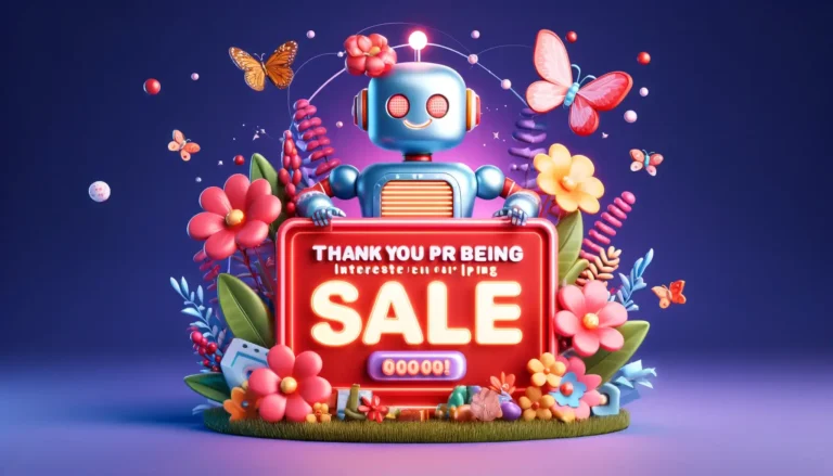 Vibrant thank you page with a festive robot surrounded by spring-themed decorations announcing a sale.