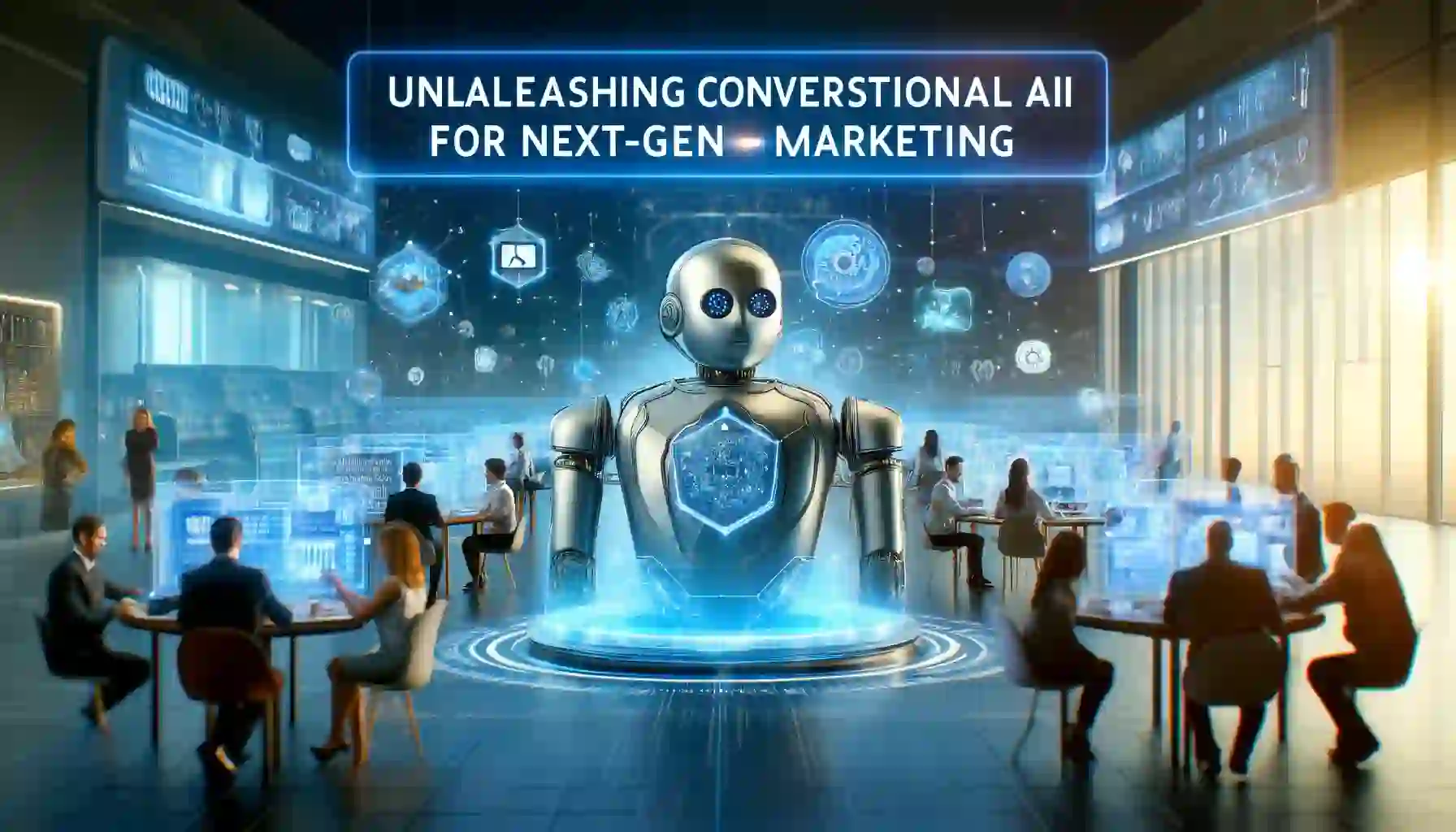 Illustration depicting the integration of conversational AI in marketing, featuring virtual assistants, chatbots, and voicebots interacting with customers through various devices in a modern business setting.