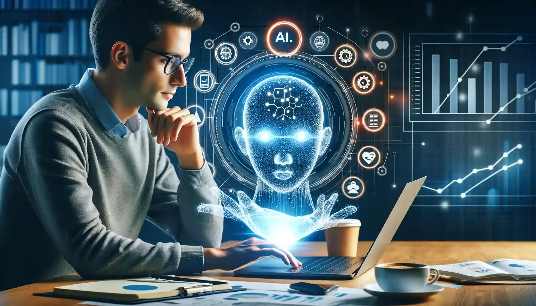 A digital marketer and an AI symbol working together on a laptop, symbolizing the collaborative power of AI and human expertise in marketing.