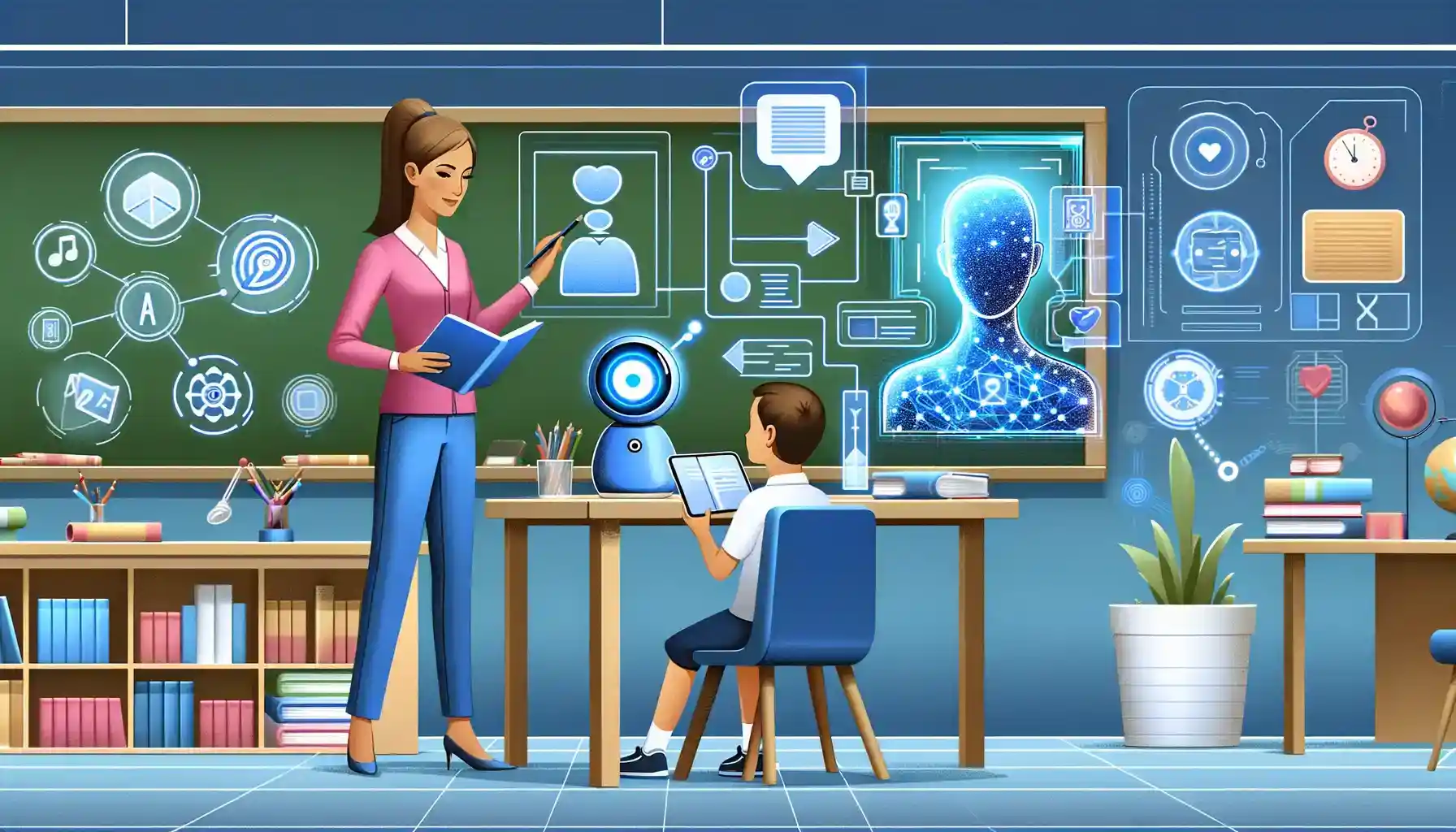 AI transforming education with a teacher and student using AI tools for personalized learning.