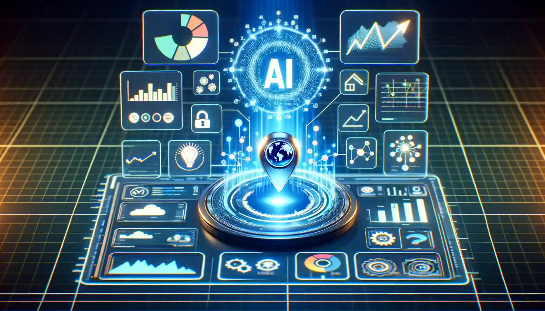 A social media dashboard with icons for various platforms and analytics showing growth. An AI symbol sits above the dashboard.