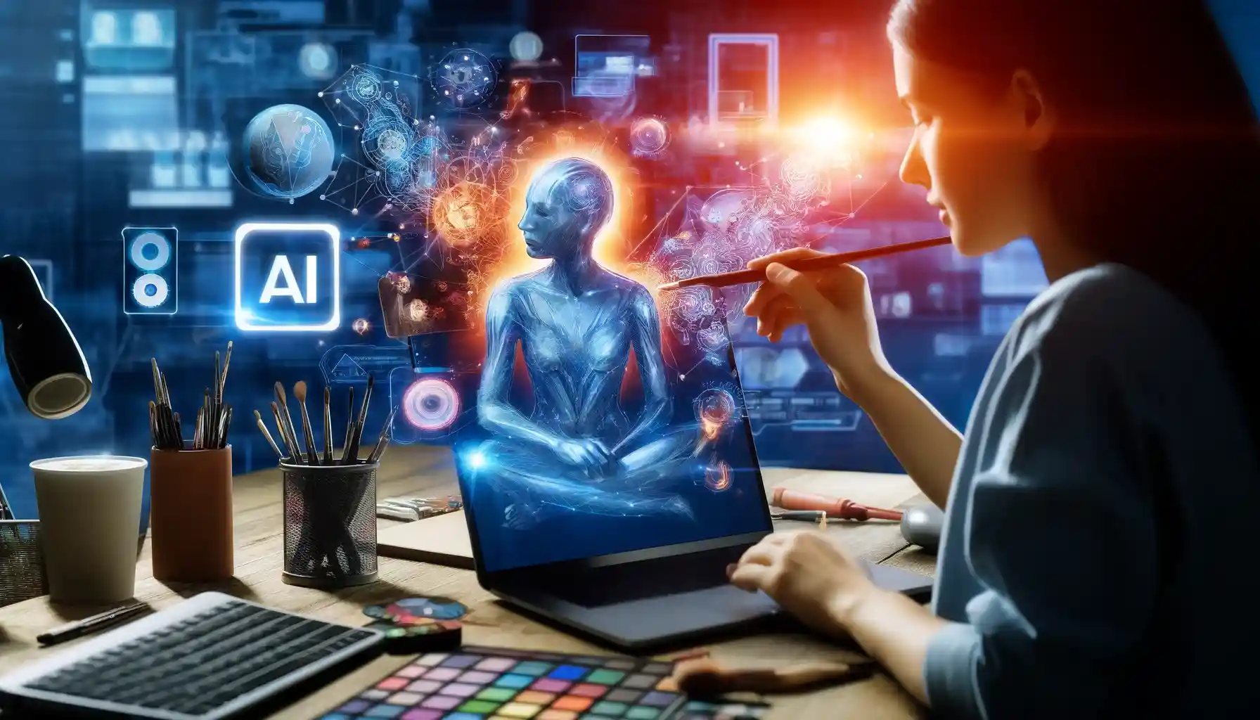 A digital artist and an AI symbol working collaboratively on a laptop, creating visual content.
