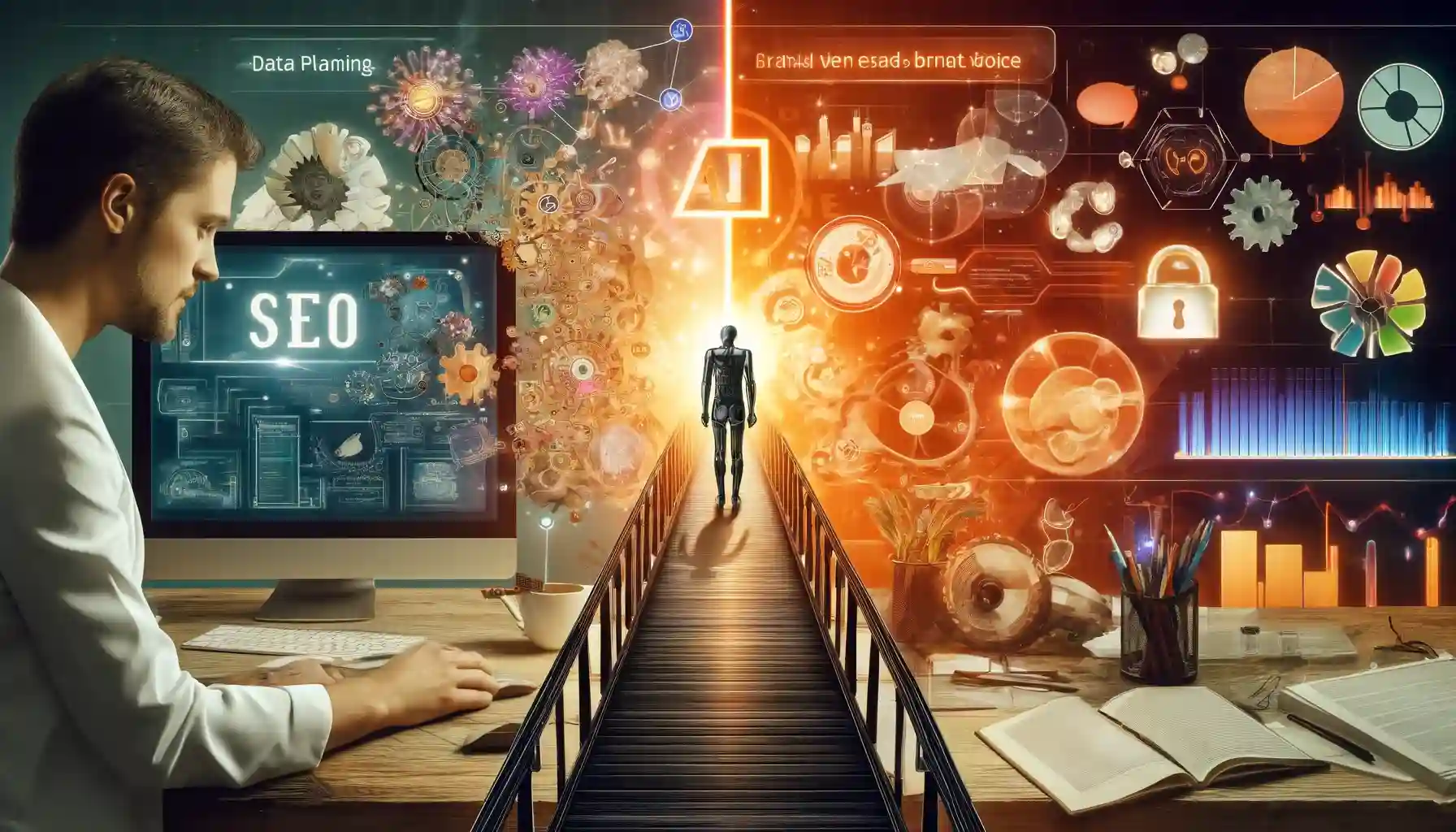 A split-screen image showcasing AI's role in SEO content creation. Left side: human writer. Right side: digital screen with code and data charts. Bridge connects the two sides.