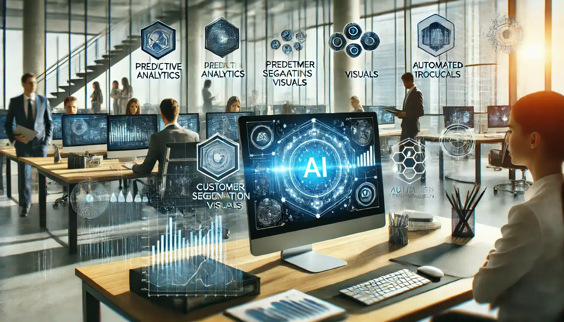 AI technology interfaces in a modern financial office