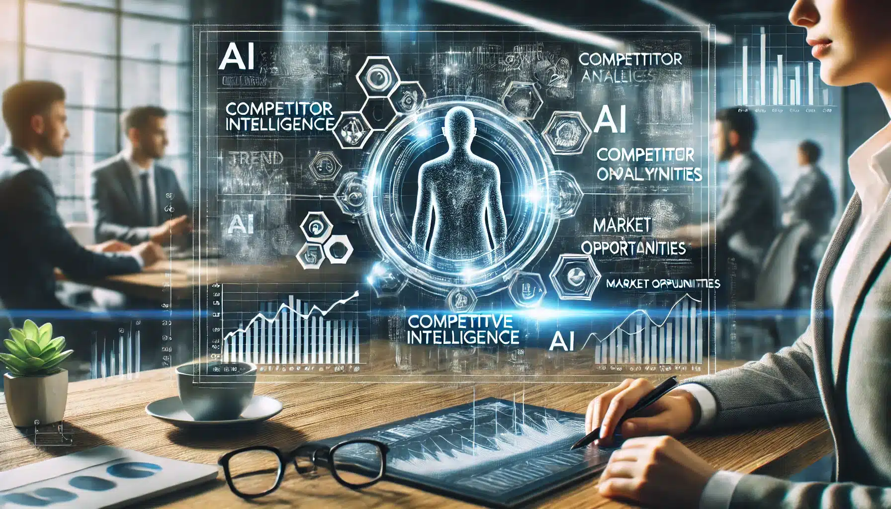 A modern and dynamic scene depicting AI-driven competitive intelligence and market research.