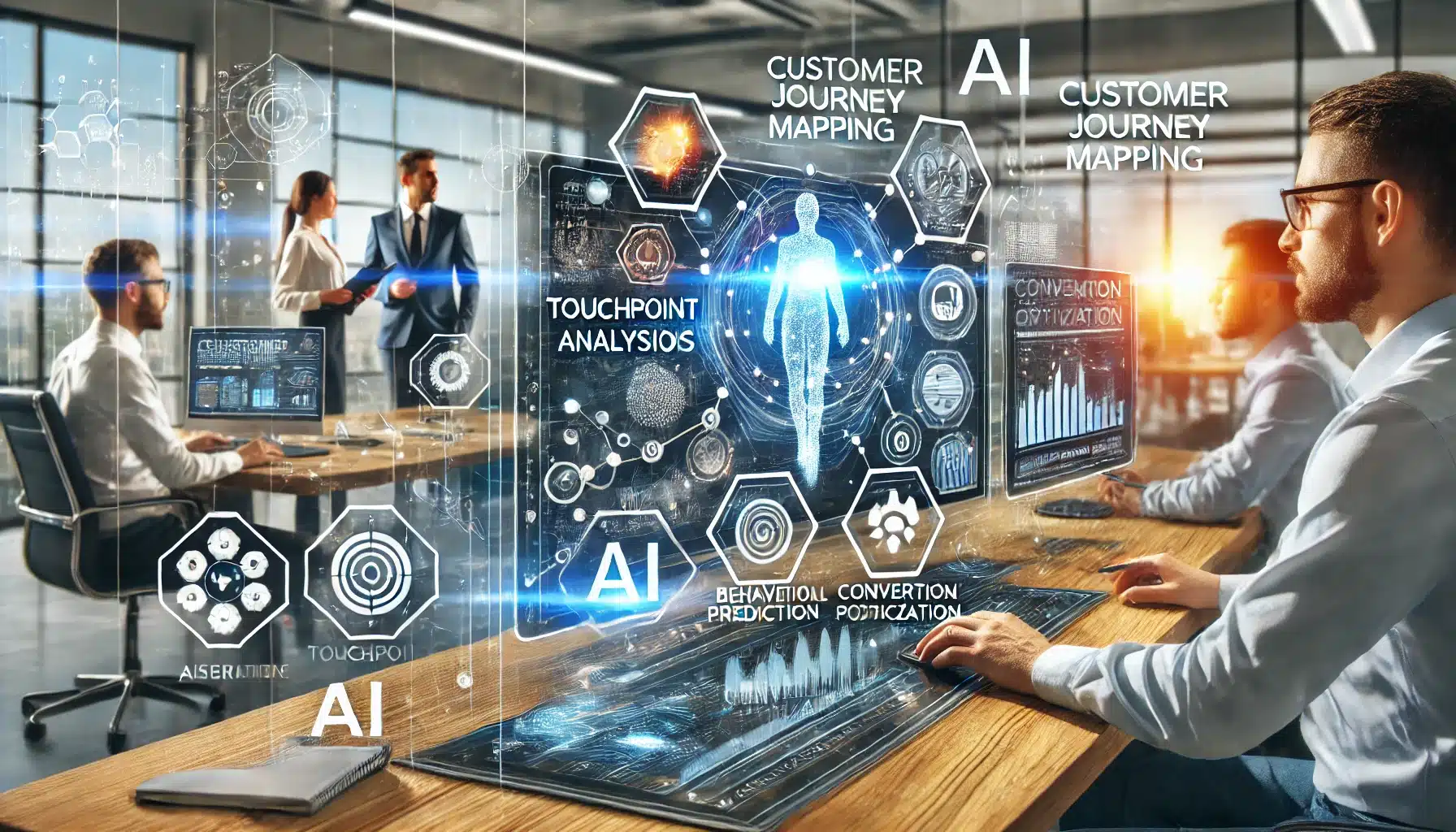 A modern and dynamic scene depicting AI-enhanced customer journey mapping.