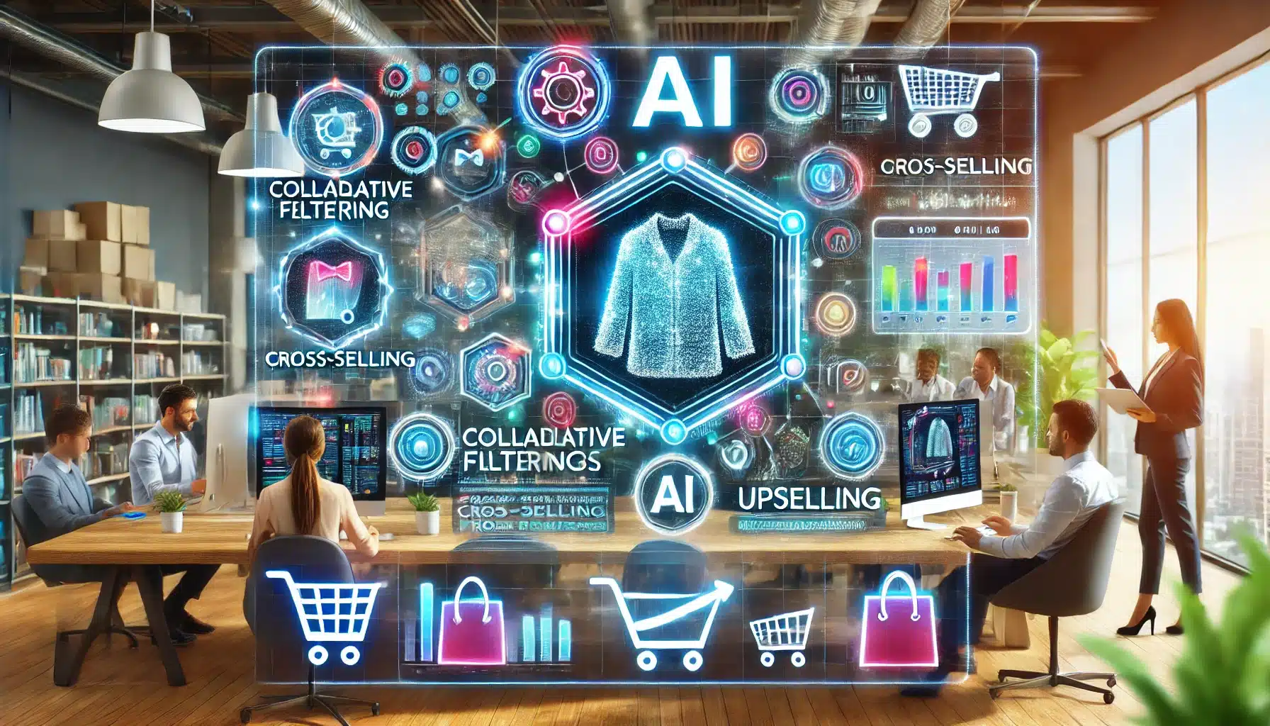 A vibrant and modern scene depicting AI-driven product recommendations in e-commerce.