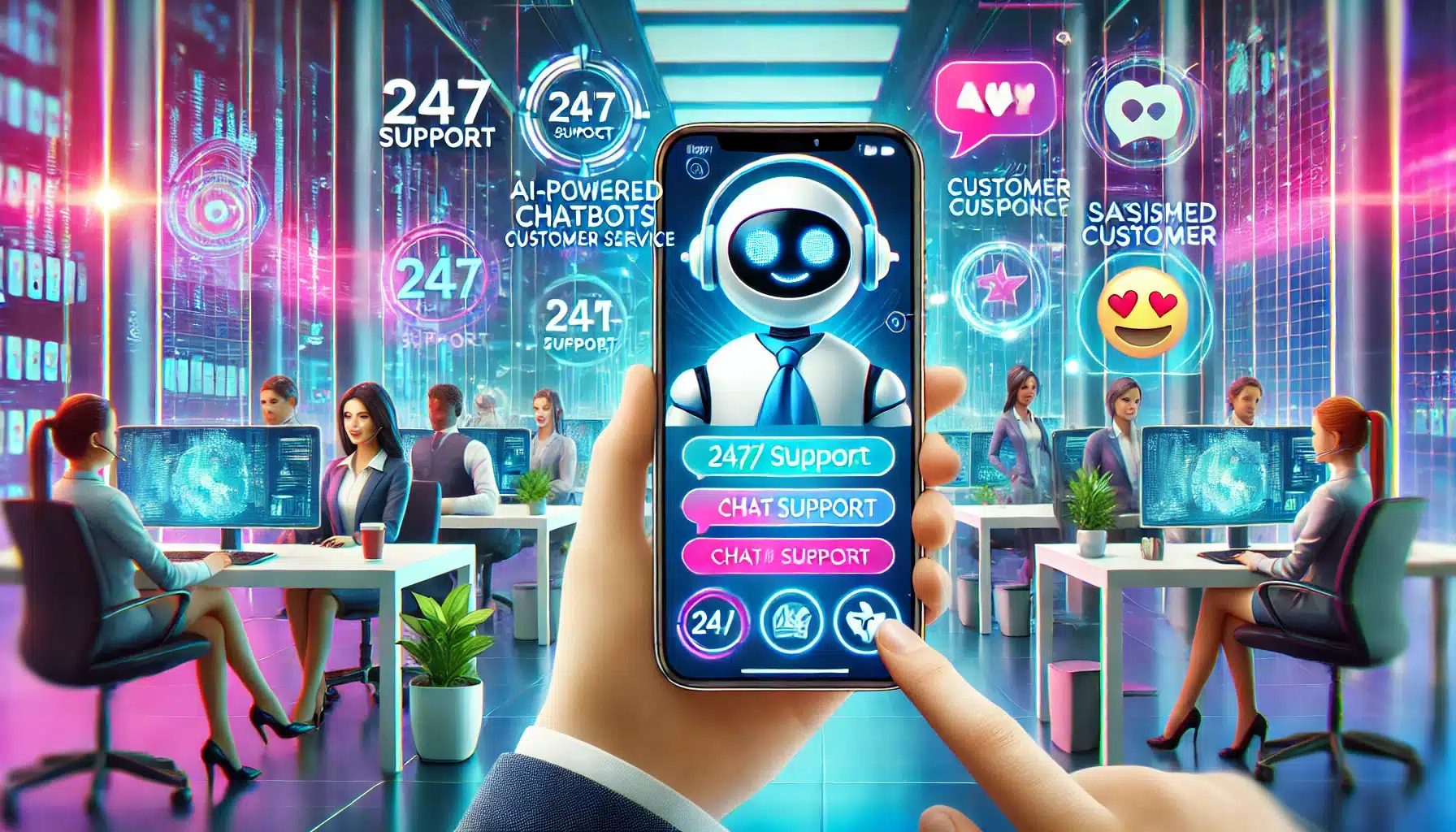 A vibrant and modern scene depicting AI-powered chatbots revolutionizing customer service.