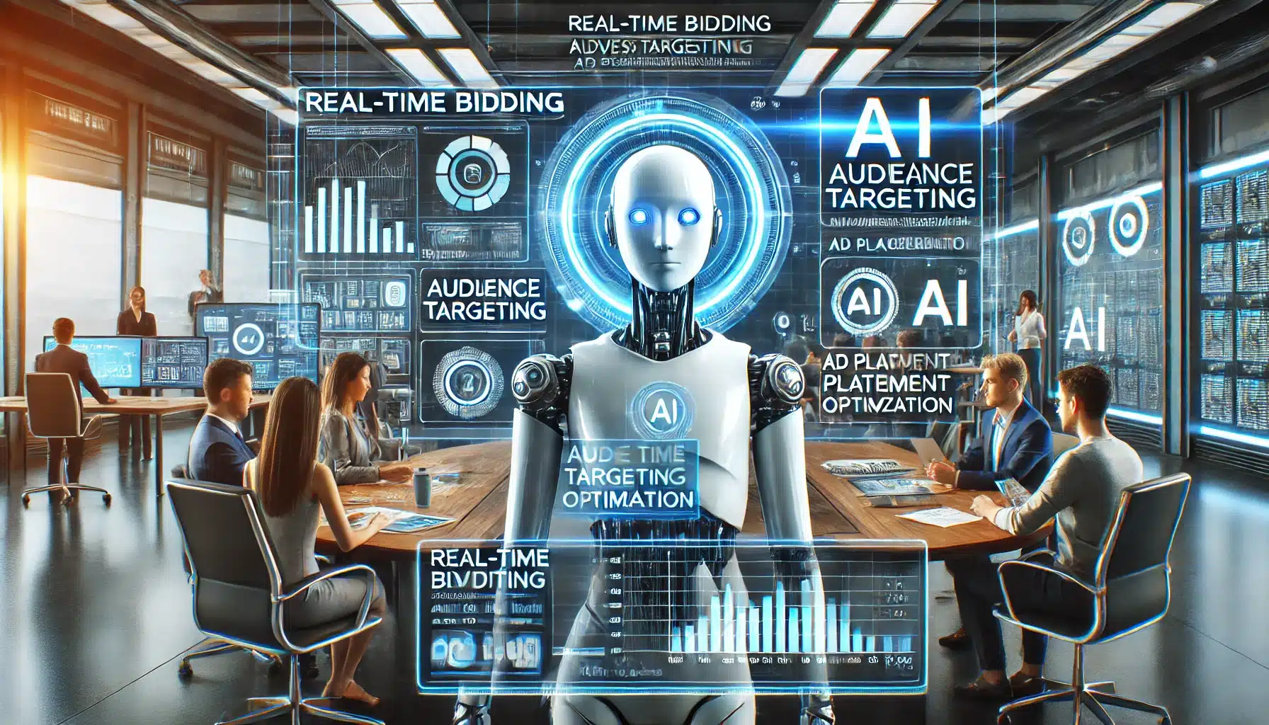 A futuristic and sleek scene depicting AI in programmatic advertising and media buying.