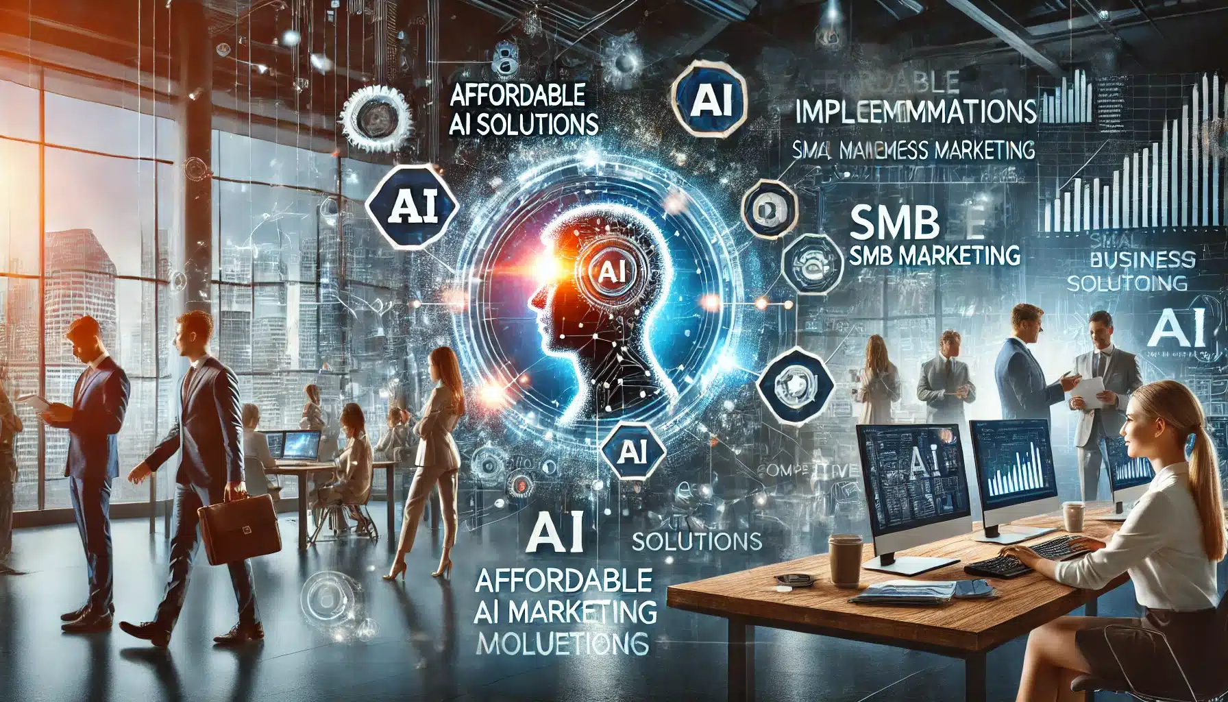 A modern and dynamic scene depicting AI implementation in small business marketing.