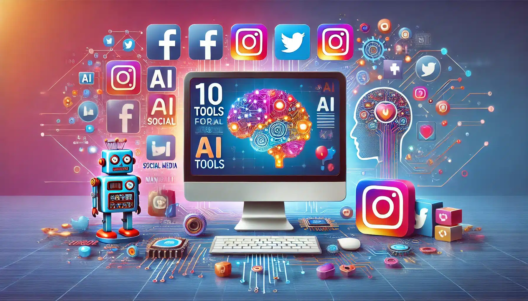 Banner image featuring AI tools for social media management, including icons of social media platforms like Facebook, Twitter, and Instagram, with symbols representing AI technology, such as a robot and a brain with circuits. The image has a vibrant, futuristic design with a focus on innovation and technology.