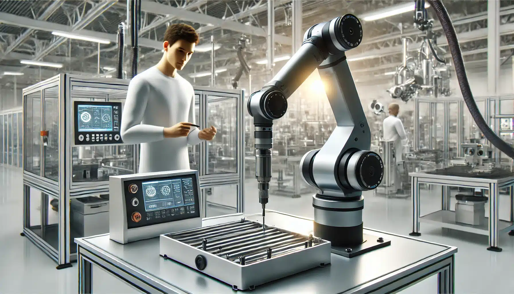 Cobot working alongside human in manufacturing setting