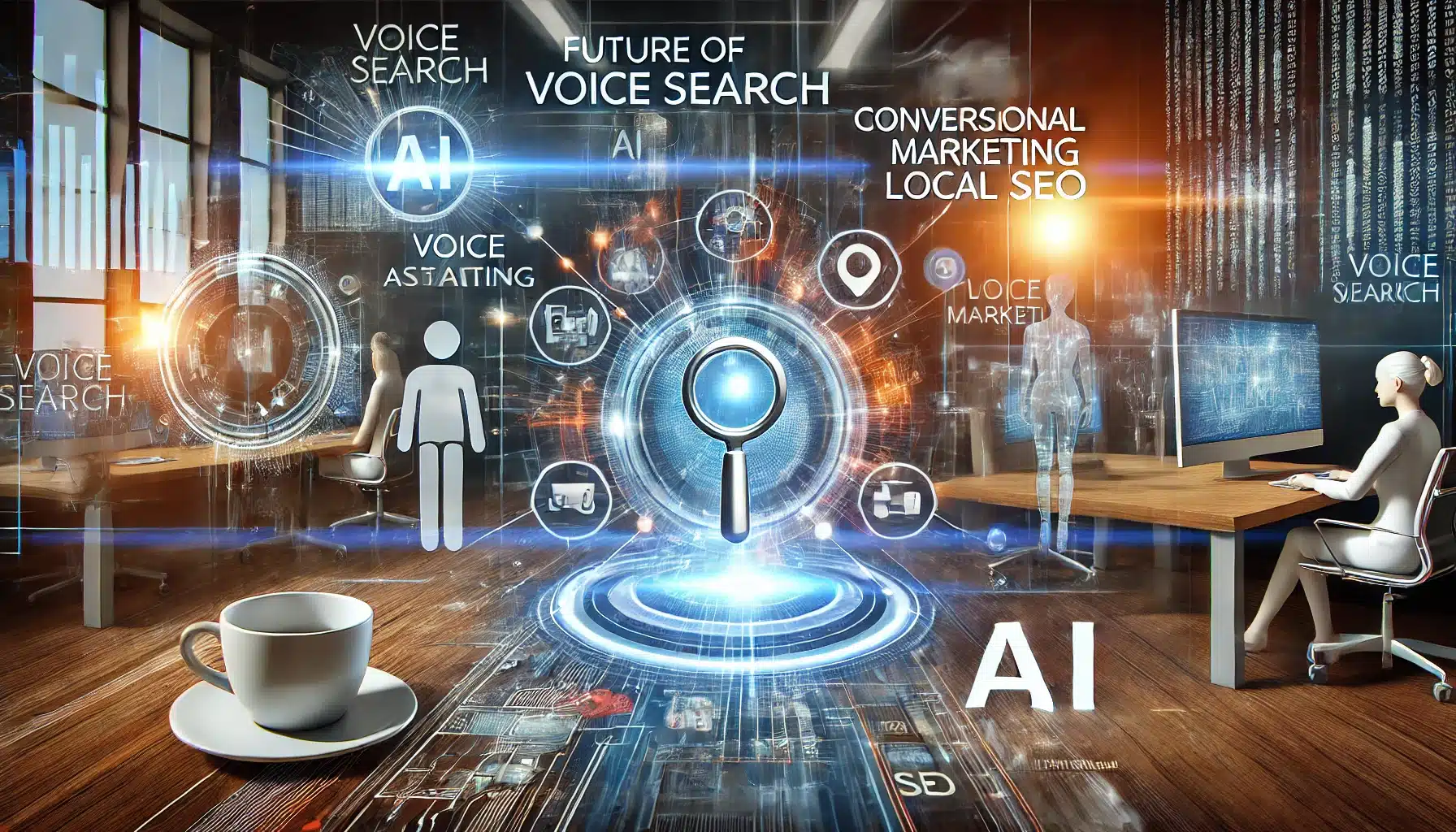 A modern and dynamic scene depicting the future of voice search and its impact on AI marketing.