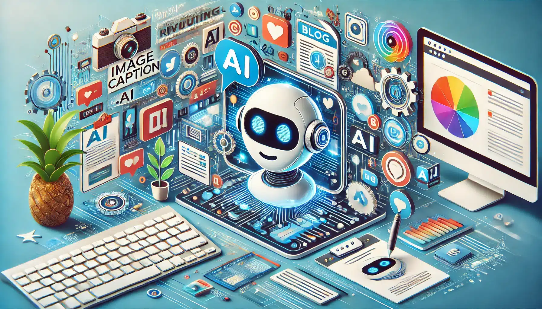 Banner image for the blog 'ImageToCaption.ai: Revolutionizing Content Creation with AI-Powered Caption Generation'. The image features a stylized AI robot with a speech bubble, social media icons, and an image being processed, set against a modern and sleek background with blue and white colors, symbolizing technology and efficiency.