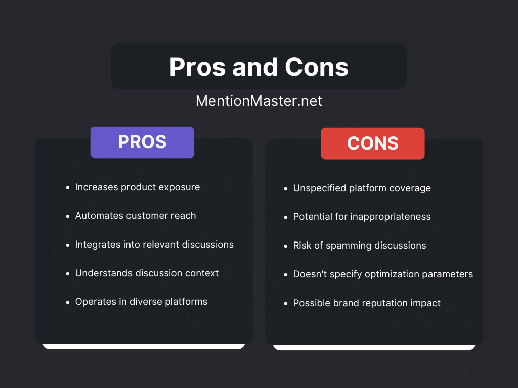 A comparison chart showing the pros and cons of MentionMaster.net, an AI tool for brand monitoring and engagement. The pros include increasing product exposure, automating customer reach, integrating into relevant discussions, understanding discussion context, and operating on diverse platforms. The cons highlight unspecified platform coverage, potential for inappropriateness, risk of spamming discussions, lack of specified optimization parameters, and possible impact on brand reputation.