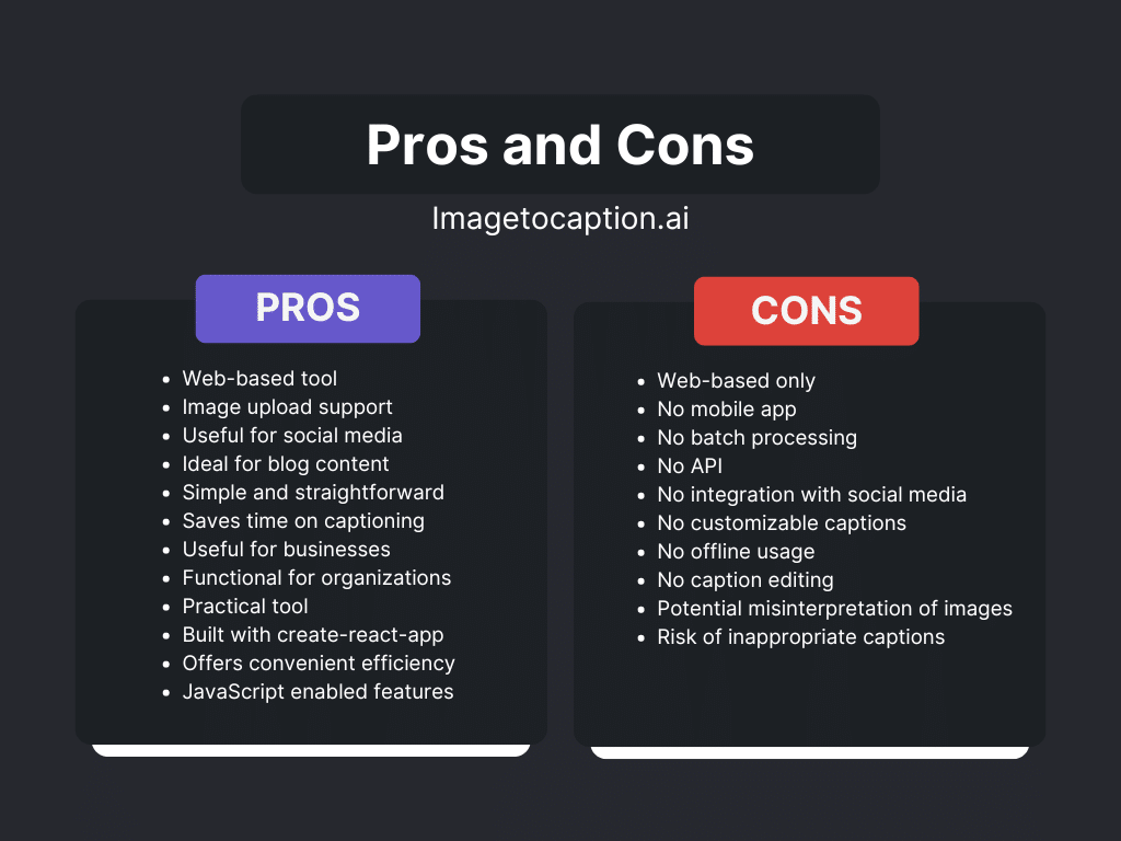 Pros and cons list for Imagetocaption.ai, highlighting the advantages such as being a web-based tool, ideal for social media and blog content, and offering efficient captioning, and disadvantages like the lack of a mobile app, no API, and no caption editing features.