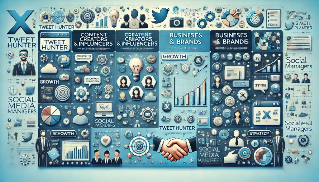 Illustration showing the impact of Tweet Hunter on different user groups on X. The image is divided into three sections: Content Creators and Influencers, Businesses and Brands, and Social Media Managers. Each section features icons representing creativity, engagement, growth, analytics, and streamlined management.