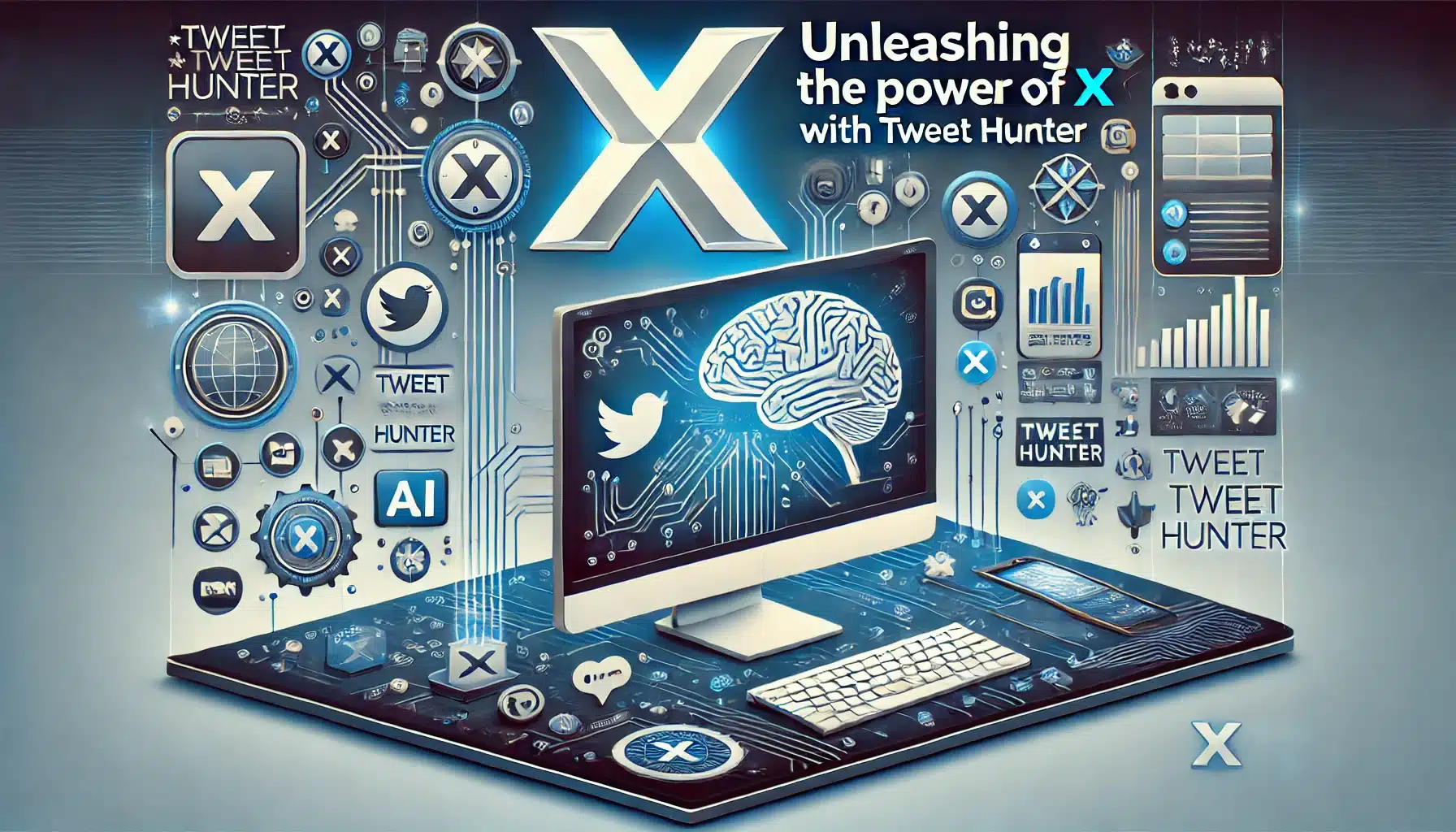 Banner image for the blog 'Unleashing the Power of X with Tweet Hunter', featuring the new X logo, social media icons, and AI symbols like a brain with circuits. The image includes a computer or smartphone screen displaying the Tweet Hunter interface, highlighting features like post scheduling and analytics. The background is a sleek mix of blue and white, reflecting the X platform's theme with a modern and futuristic design.