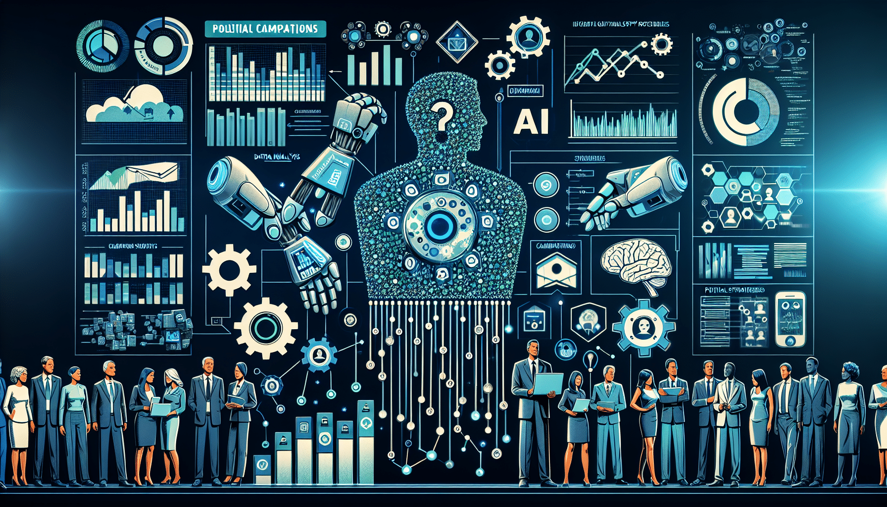 A diverse team of political strategists examines voter data on digital devices, showcasing how AI automation is revolutionizing campaign tactics and improving voter outreach through data analysis and predictive modeling.