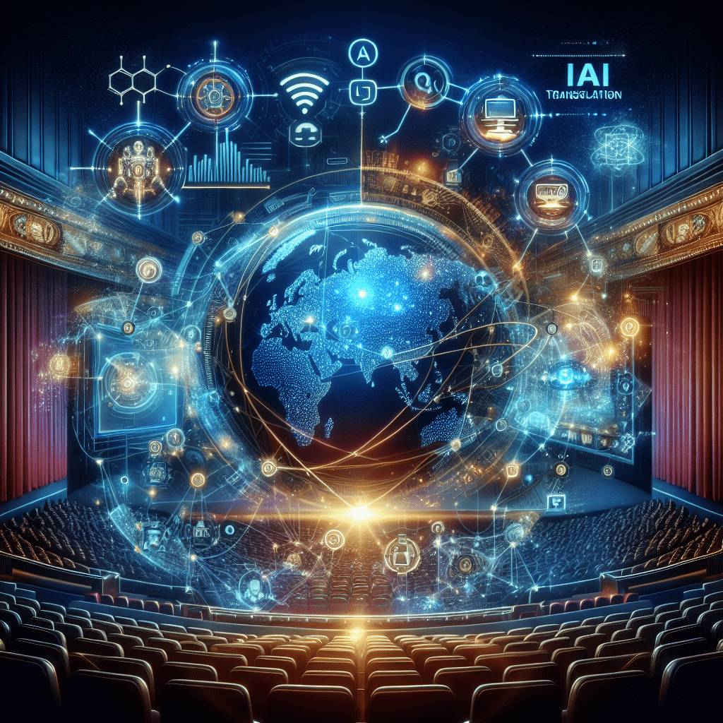 Futuristic AI content translation system over glowing world map, with holographic cinema screens and interconnected language nodes