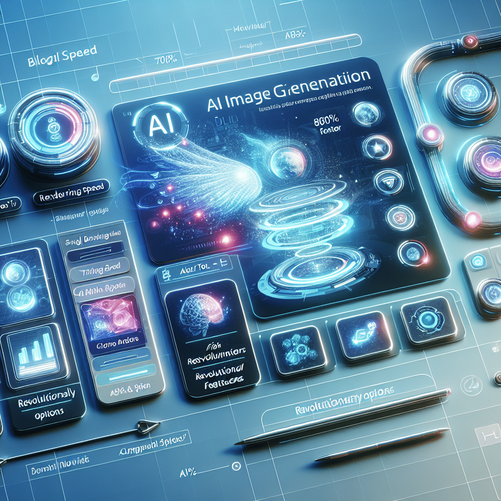 Modern AI image generator interface displaying holographic tools and performance metrics against a blue-teal gradient background