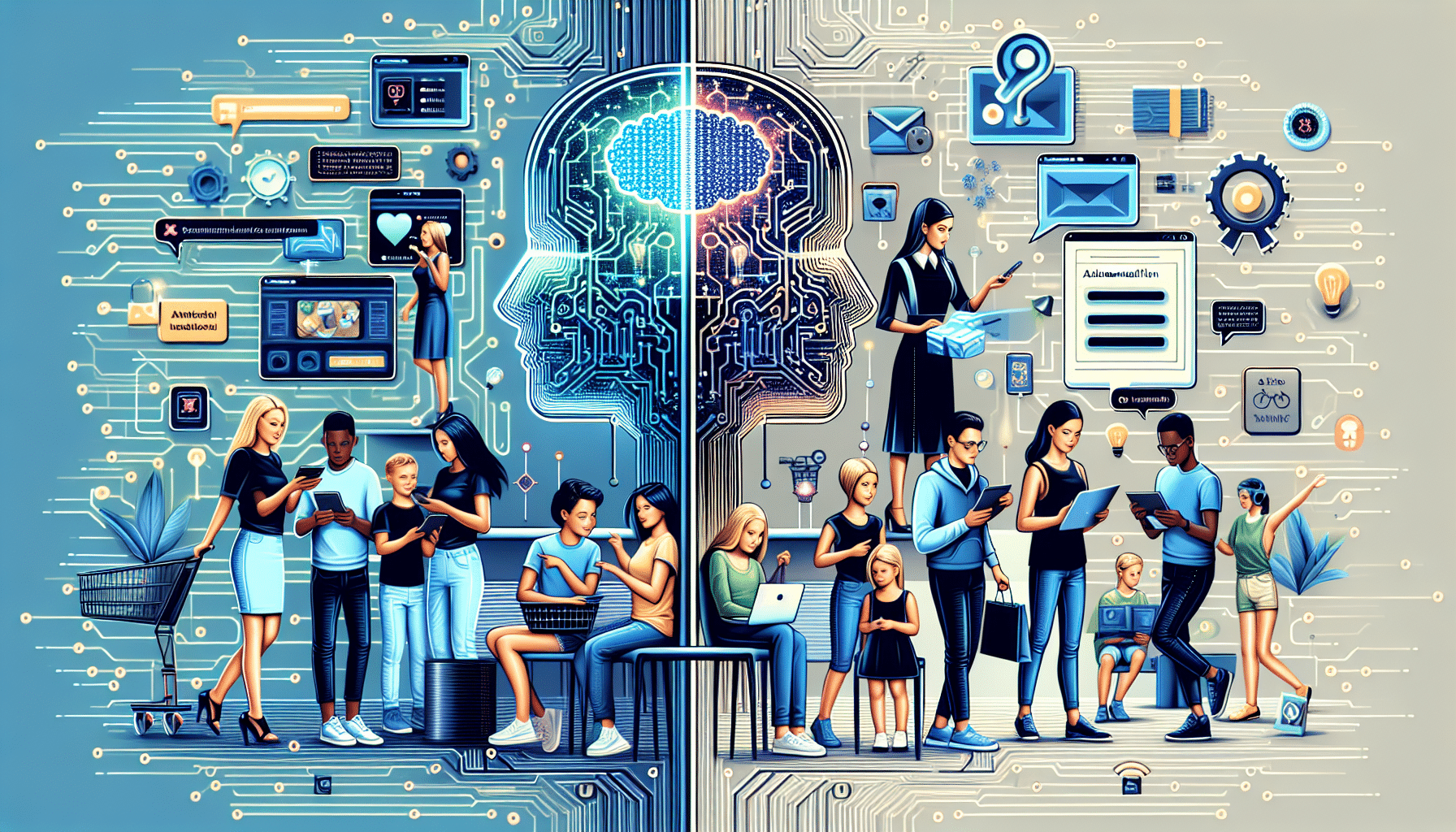 Illustration of diverse individuals using AI automation tools like chatbots for seamless online shopping and interactive learning, highlighting the transformative impact on consumer spending and legal education.