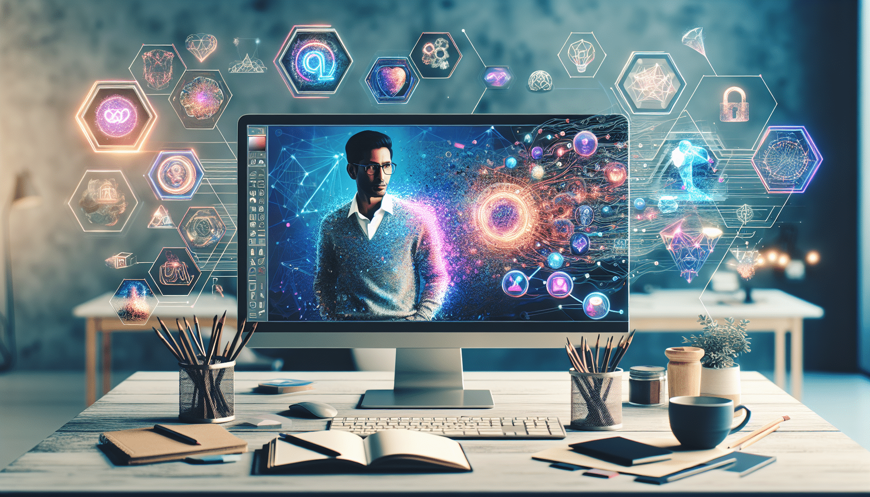 Small business owner using AI art generation tools at modern workspace, featuring holographic displays and creative design interface