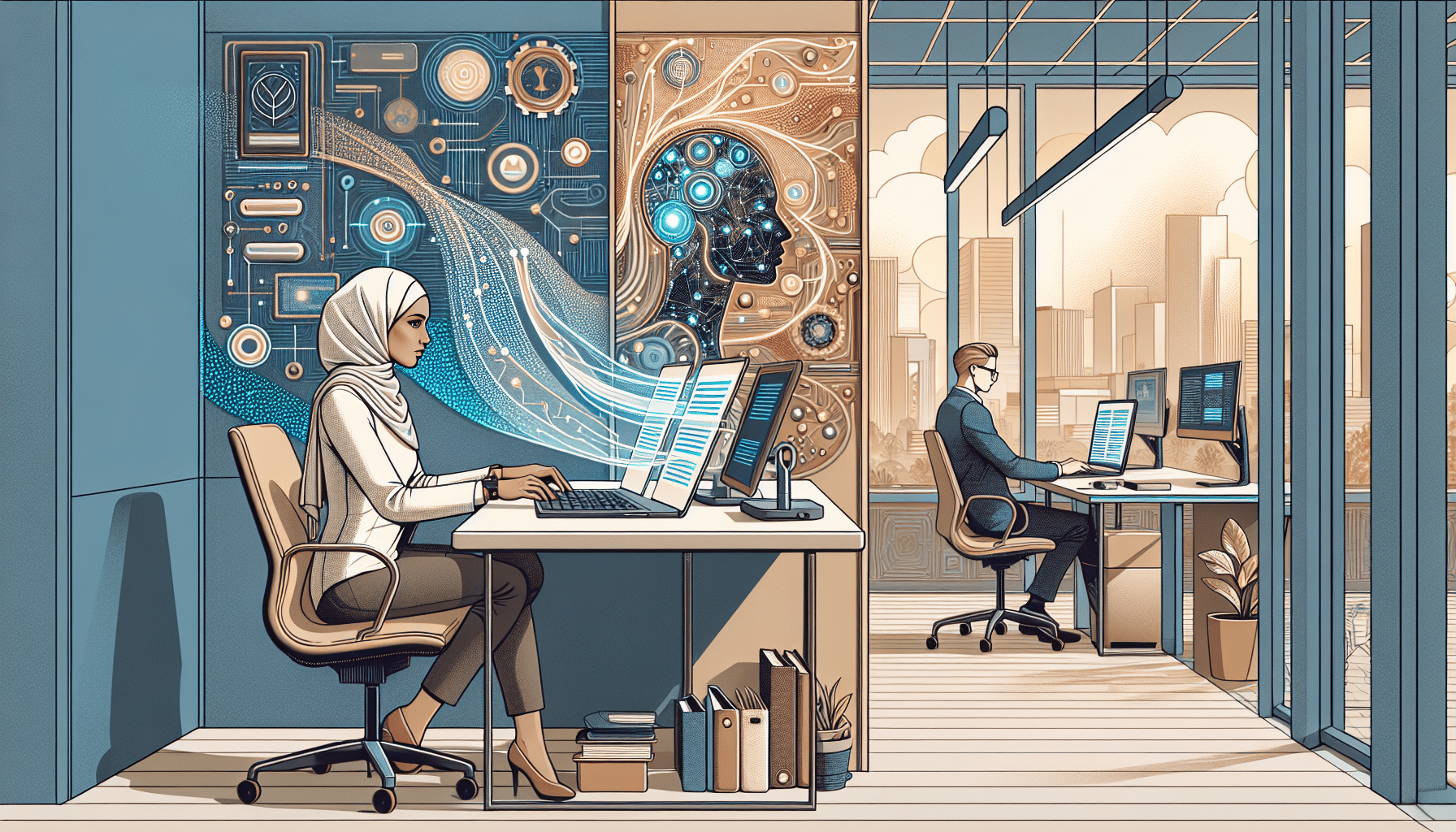 Alt text: "Business professional using AI writer and laptop side-by-side in modern office with holographic displays and tech-infused workspace" File name: ai-writer-business-professional-comparison.jpg