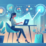 **Image Prompt:** A modern and minimalistic digital illustration of a small business owner sitting at a sleek desk, using a laptop with vibrant AI-generated visual designs displayed on the screen. A modern and minimalistic digital illustration of a small business owner sitting at a sleek desk, using a laptop with vibrant AI-generated visual designs displayed on the screen. Surrounding the desk are elements that represent business growth, such as upward-pointing charts, glowing lightbulb icons for creativity, and a vibrant shopping bag symbolizing sales. The background features a mix of soft gradients in shades of blue, teal, and white, conveying innovation and professionalism.